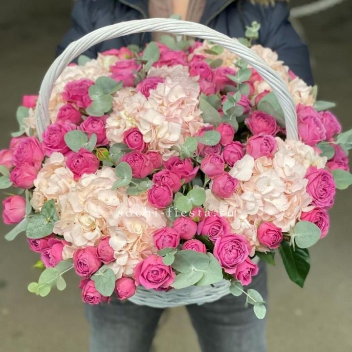 Корзина с гортензией и Мисти Баблс в Великом Новгороде